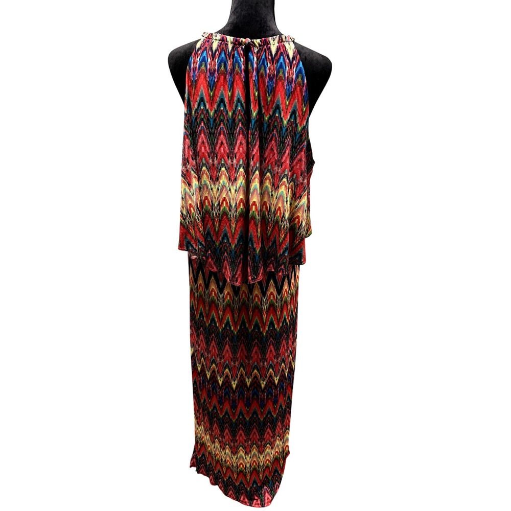 Cato Womens Red Chevron Ikat Halter Maxi Dress Gold Chain Neck Tiered Size 16 - Picture 2 of 3